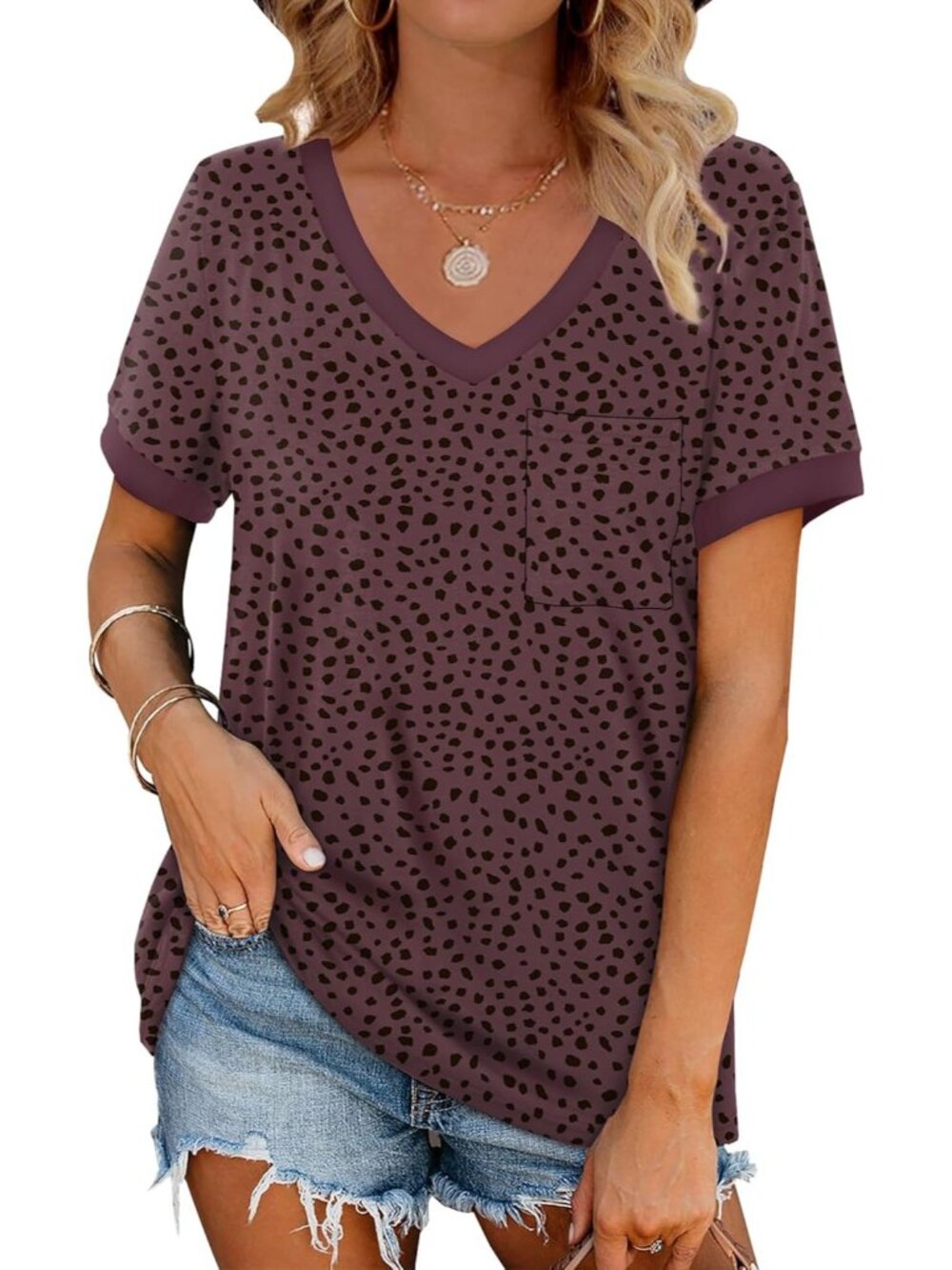 Women Print Leopard Burgundy T Shirts Short Sleeve V Neck Loose Casual Summer